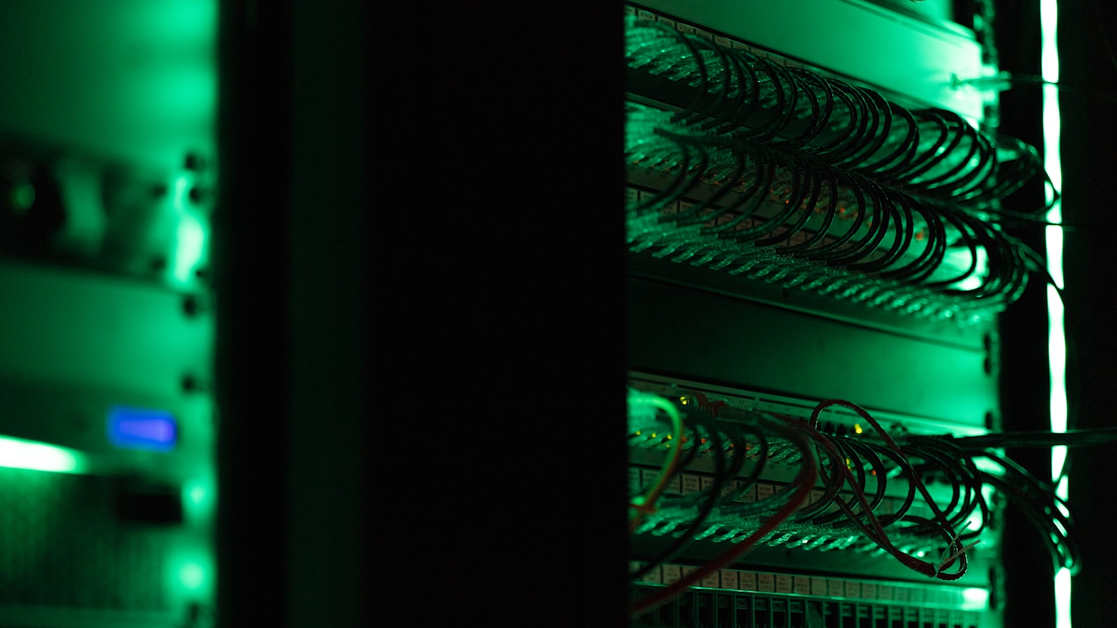 Network server rack with blue lighting